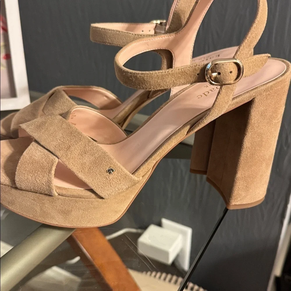 Kate Spade Tan Delphi Platform Block Heeled Sandals Open Toe Ankle Strap Sz 9.5B